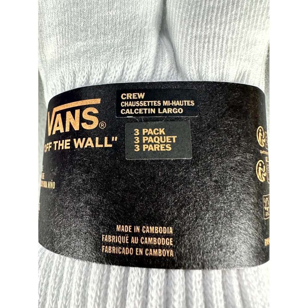 Vans Socks 3 Pack Youth Boys Size 1-6 White Cotton Blend Crew Sock Skate Surf - Picture 4 of 4